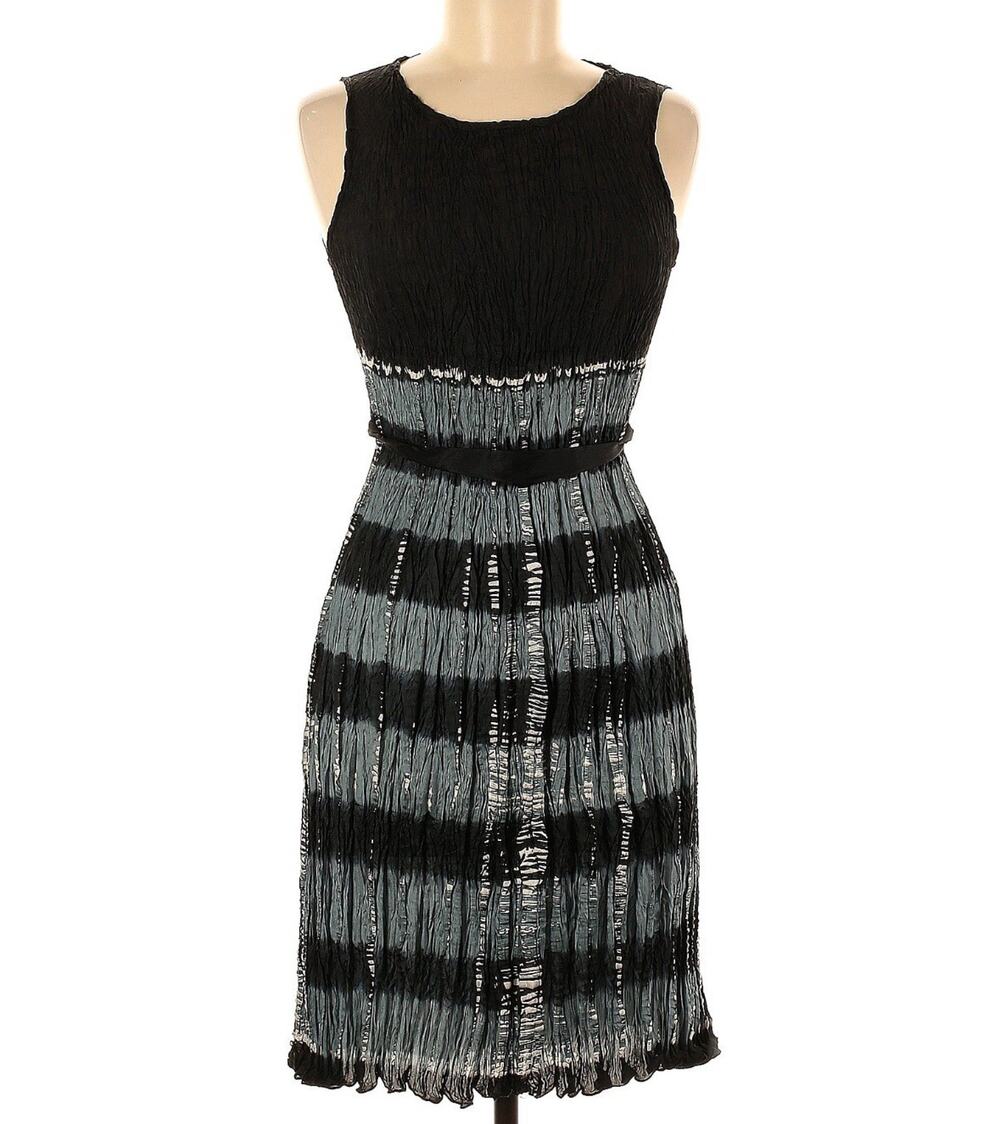 Viviana Uchitel Swing Dress Black Metallic Aqua Silver Gray Pleated $560 EUC